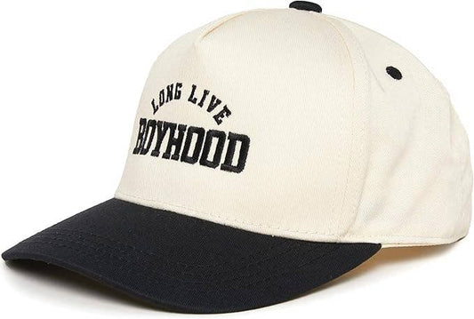 Long Live Boyhood black and cream trucker hat, front view
