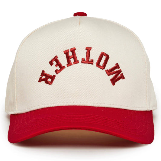 Mother trucker hat with upside-down red lettering, beige front and red brim