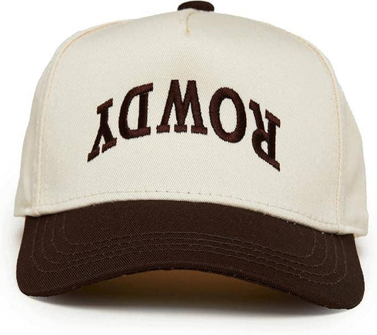 Rowdy trucker hat with upside-down brown lettering, cream front and brown brim