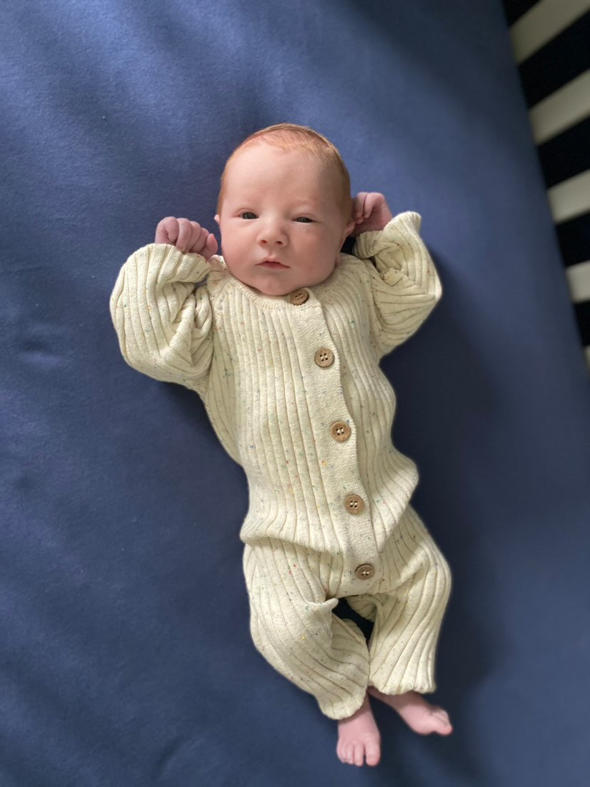 Ribbed Speckled Knit Baby Romper – Neutral Long Sleeve One-Piece