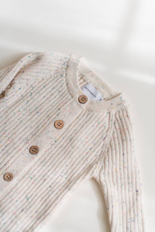 Ribbed Speckled Knit Baby Romper – Neutral Long Sleeve One-Piece