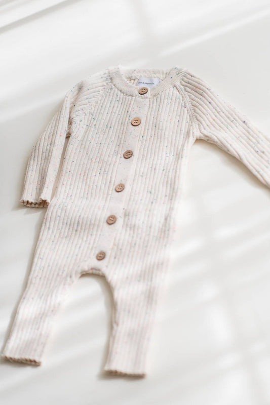 Ribbed Speckled Knit Baby Romper – Neutral Long Sleeve One-Piece