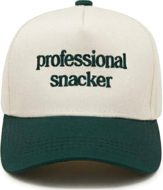 Professional Snacker toddler hat with green lettering, beige front and green brim